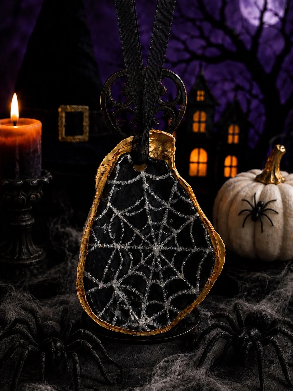 Hand crafted spider web trinket shell dish bar accessory black 5”